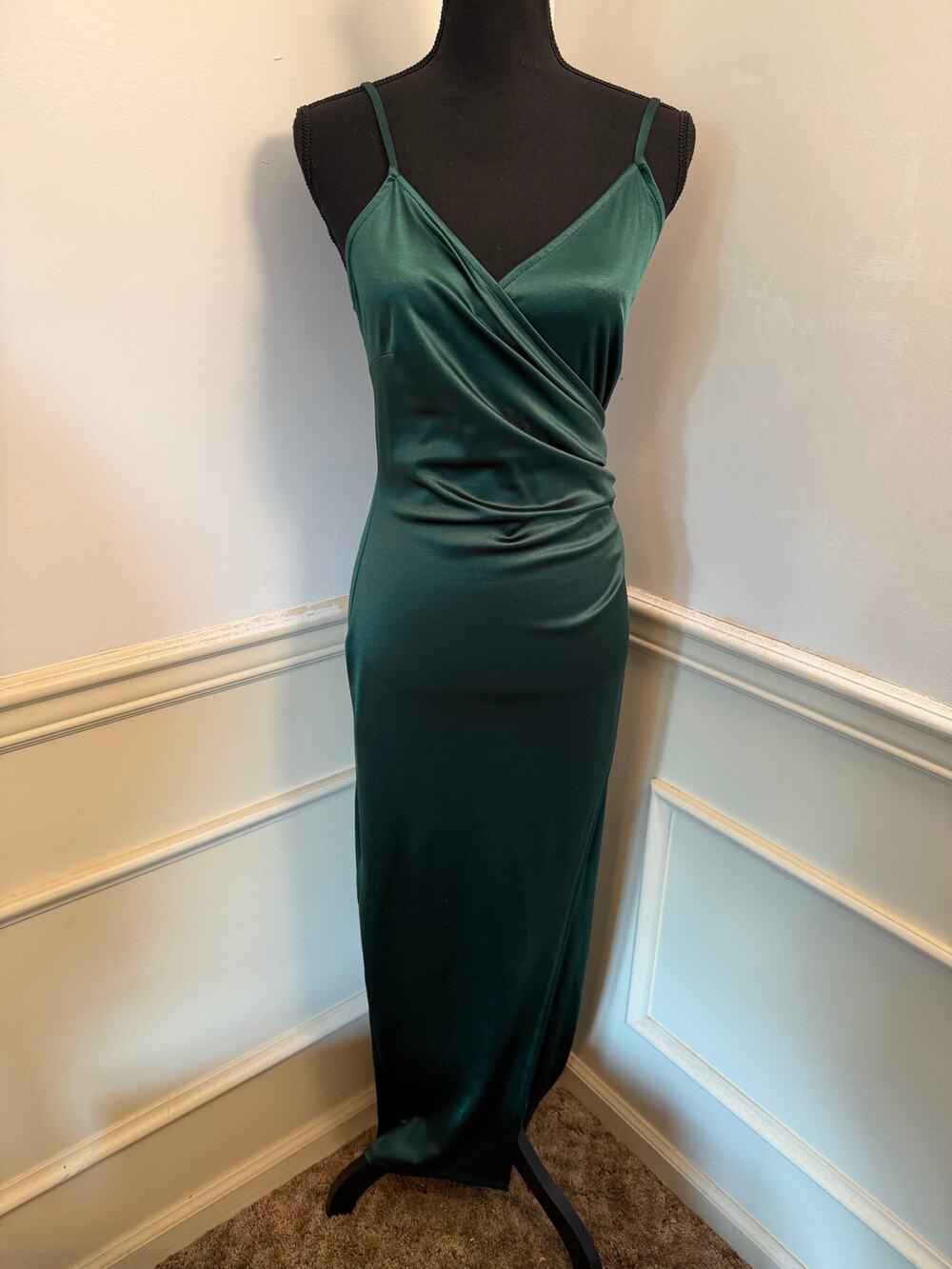 Emerald Green Satin Surplice Midi Dress with Slit Jewel Tone Wedding Guest